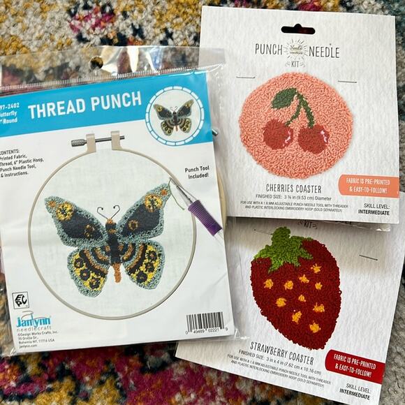 Lot of 3 Punch Needle Kits Butterfly 6” Round Cherries & Strawberry Coasters - Picture 1 of 8
